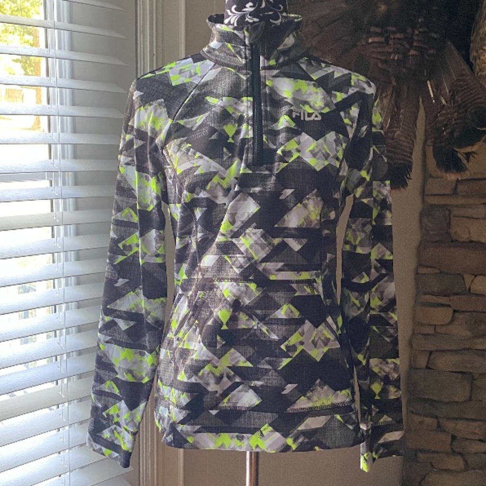 Fila Running Quarter Zip Jacket Green/Gray Abstract Geometric Small Fila Sport